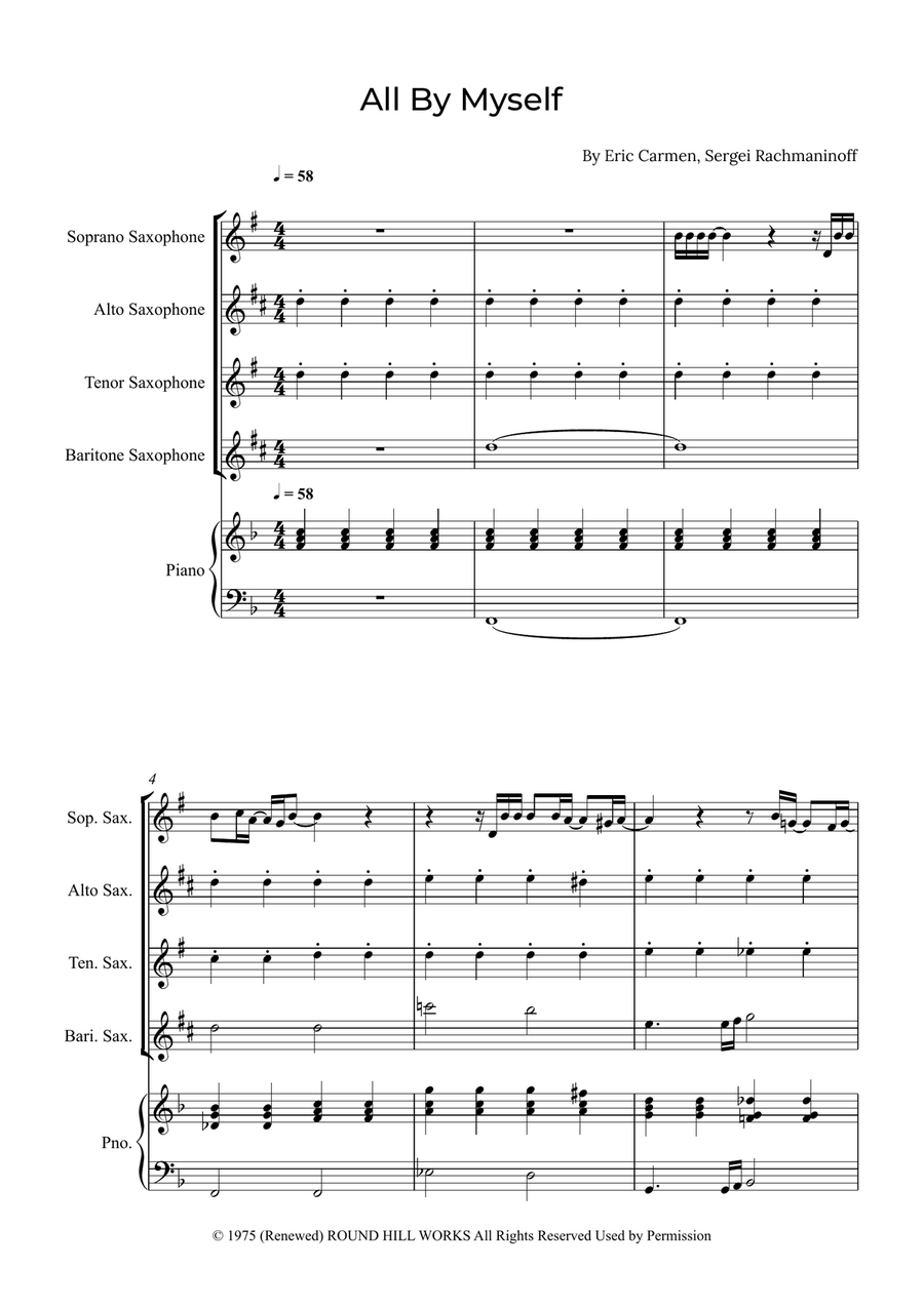 All By Myself Saxophone Quartet scores gallery preview page 1