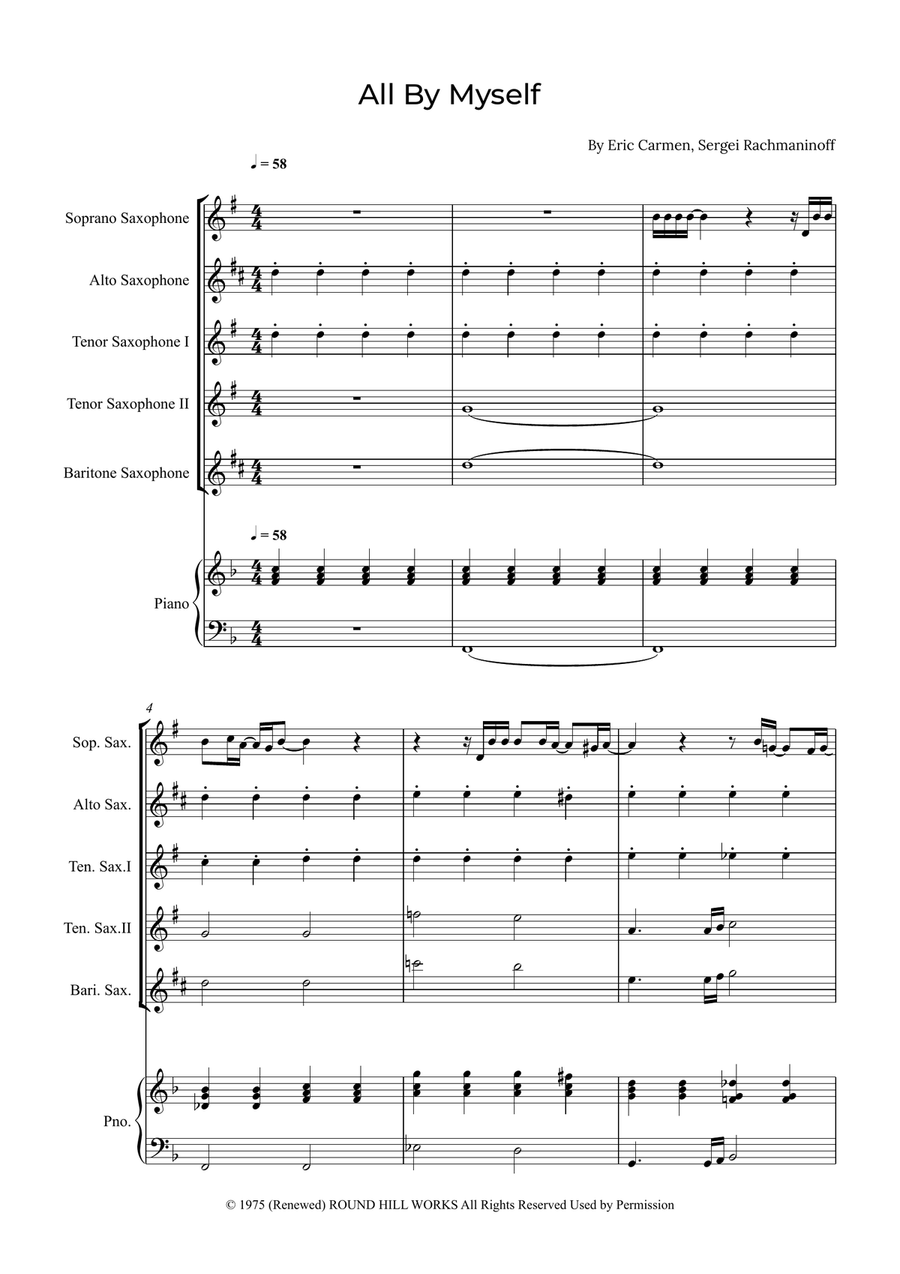 All By Myself Saxophone Quintet scores gallery preview page 1