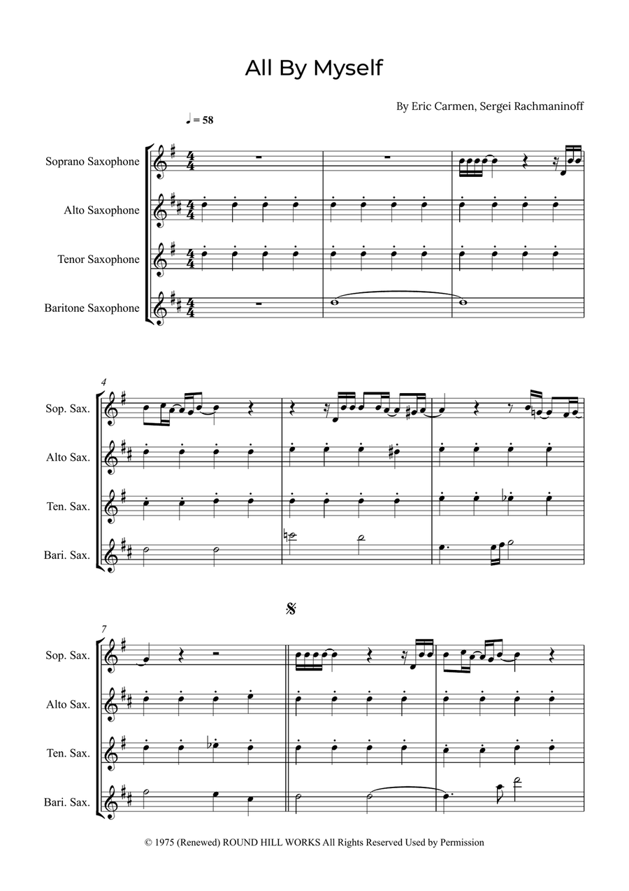 All By Myself Saxophone Quartet scores gallery preview page 1