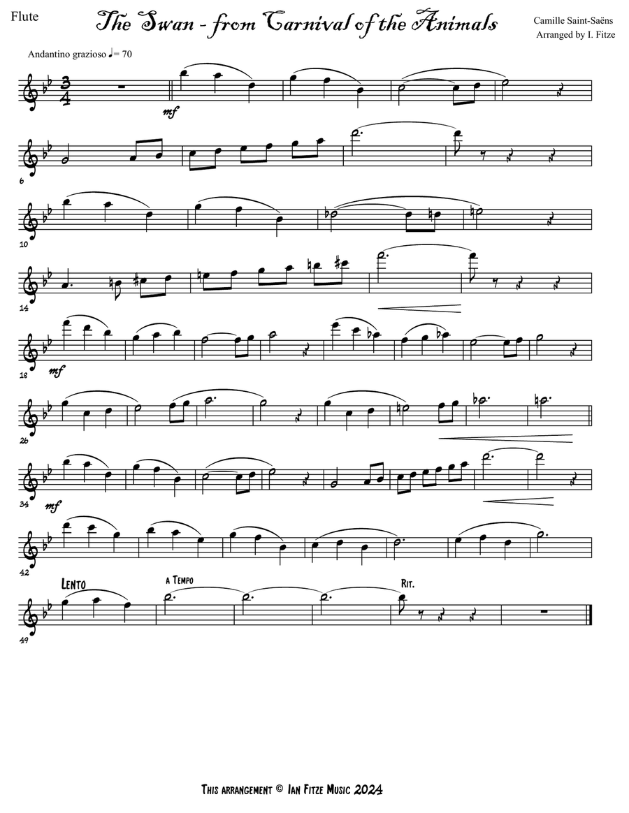 'The Swan' from Carnival of the Animals Flute Solo scores gallery preview page 2