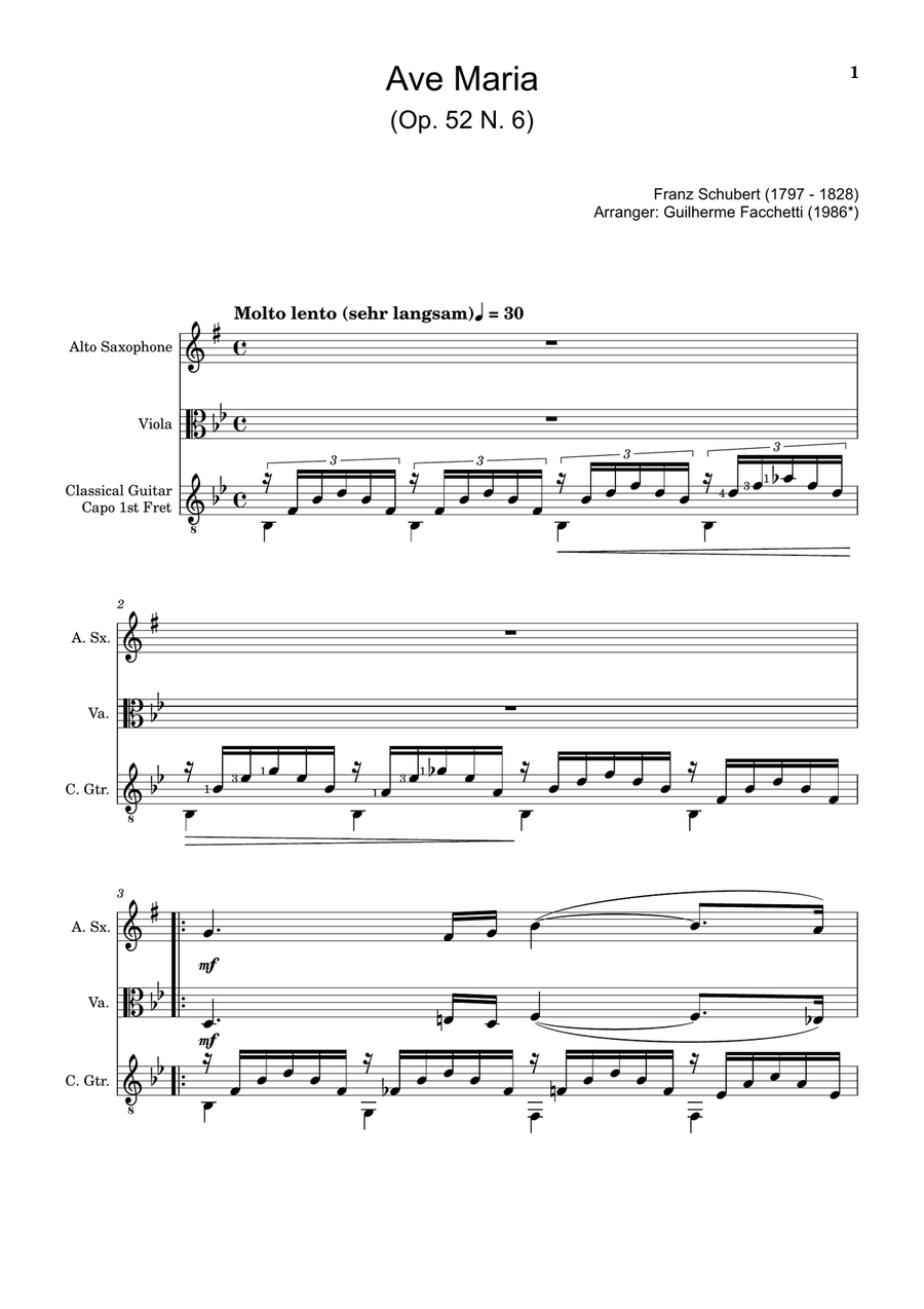Ave Maria by F. Schubert – A. Sax, Viola and Guitar. Score and Parts Small Ensemble scores gallery preview page 1