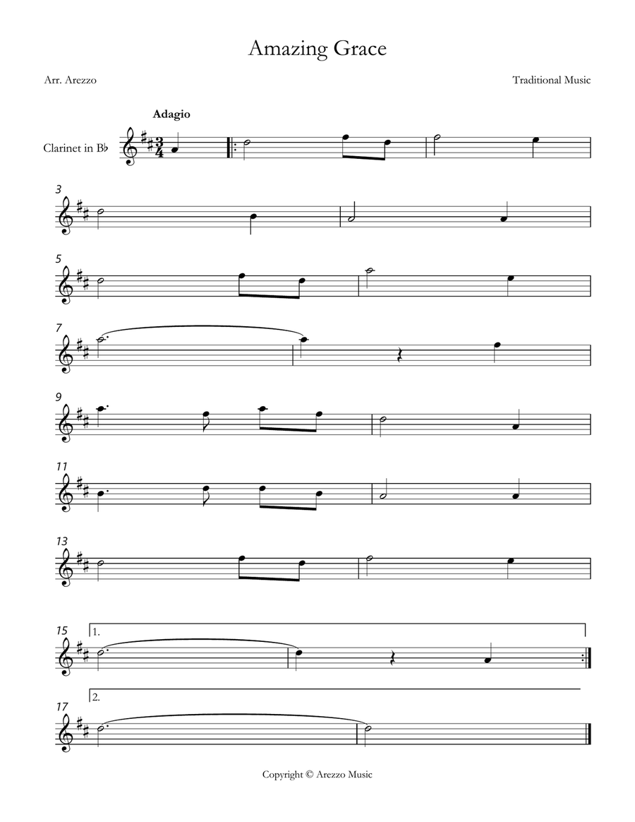 john newton amazing grace Clarinet lead sheet in C B-Flat Clarinet scores gallery preview page 1