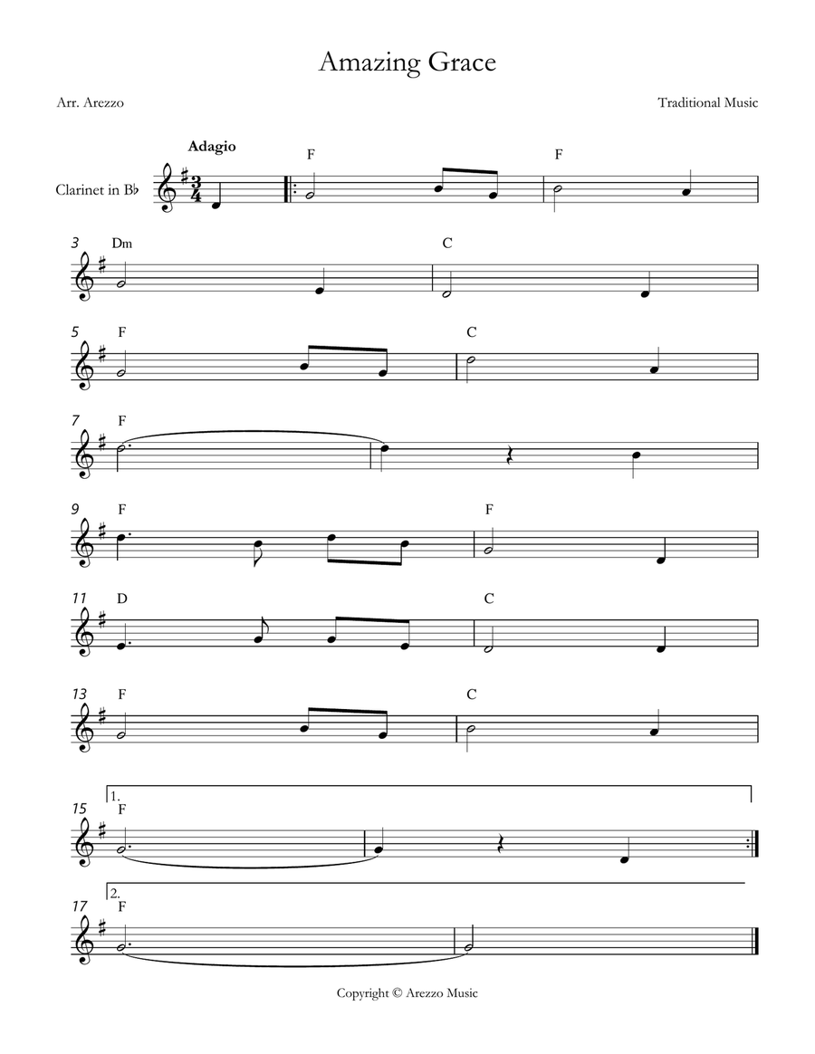 john newton amazing grace Clarinet lead sheet in F Chords Symbols B-Flat Clarinet scores gallery preview page 1