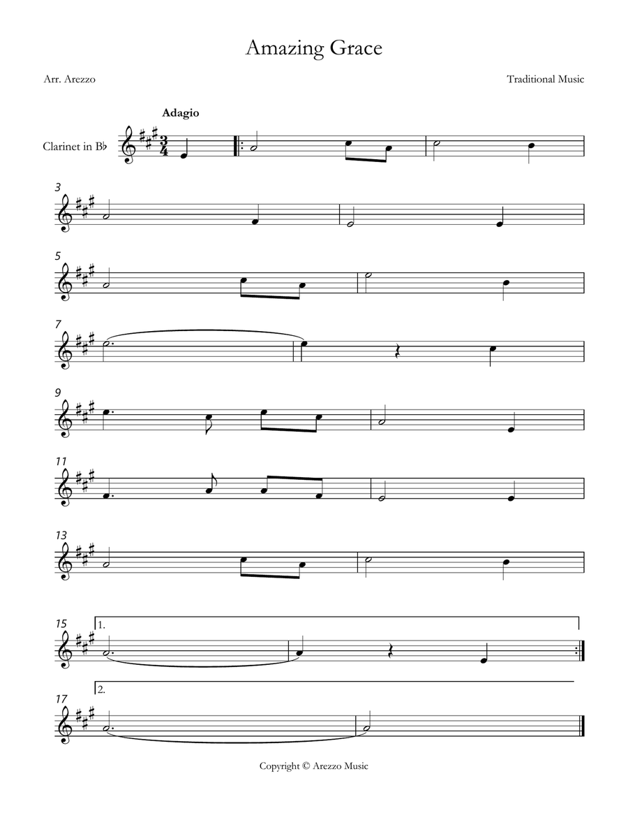 john newton amazing grace Clarinet lead sheet in G B-Flat Clarinet scores gallery preview page 1