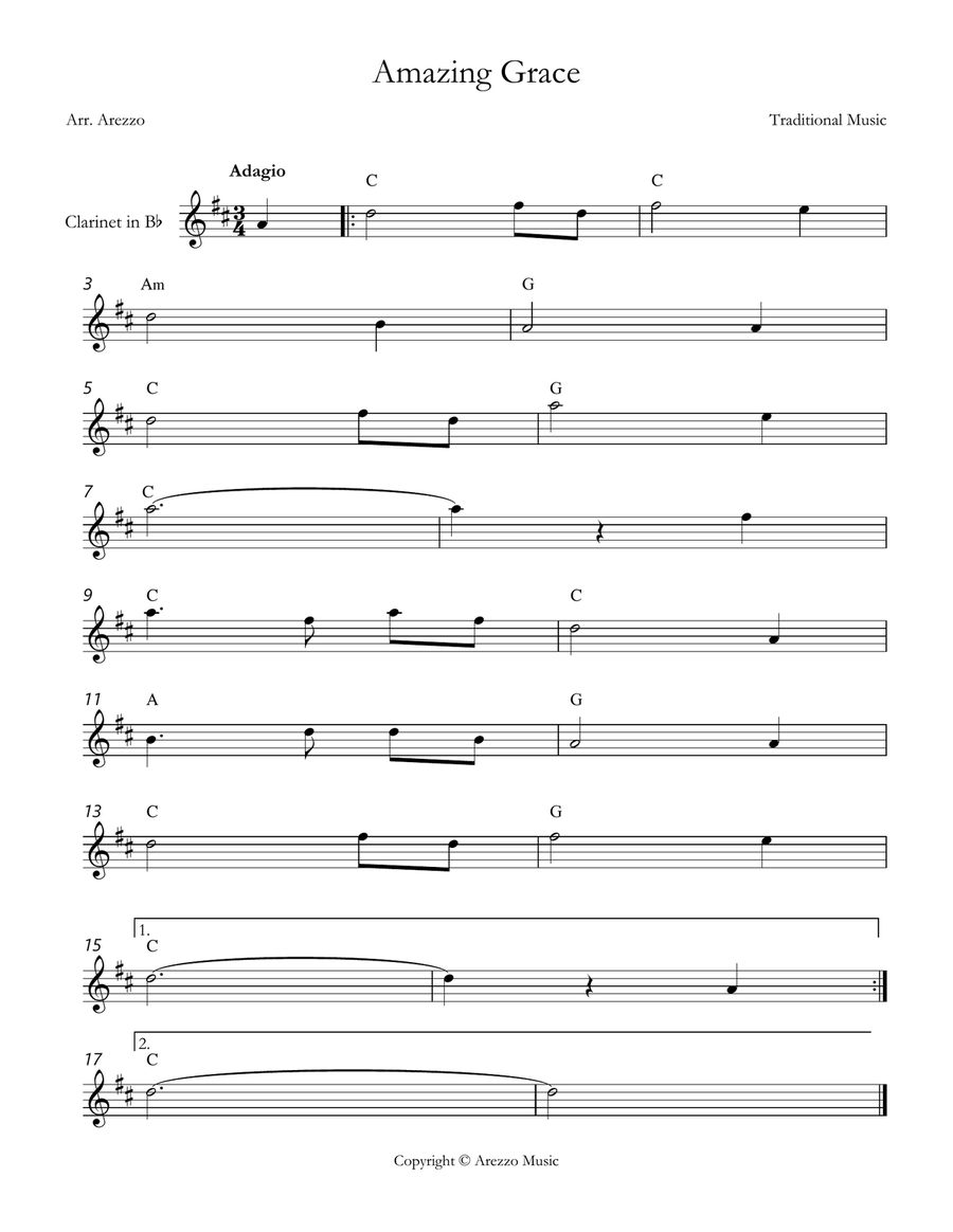 john newton amazing grace Clarinet lead sheet in C Chords Symbols B-Flat Clarinet scores gallery preview page 1