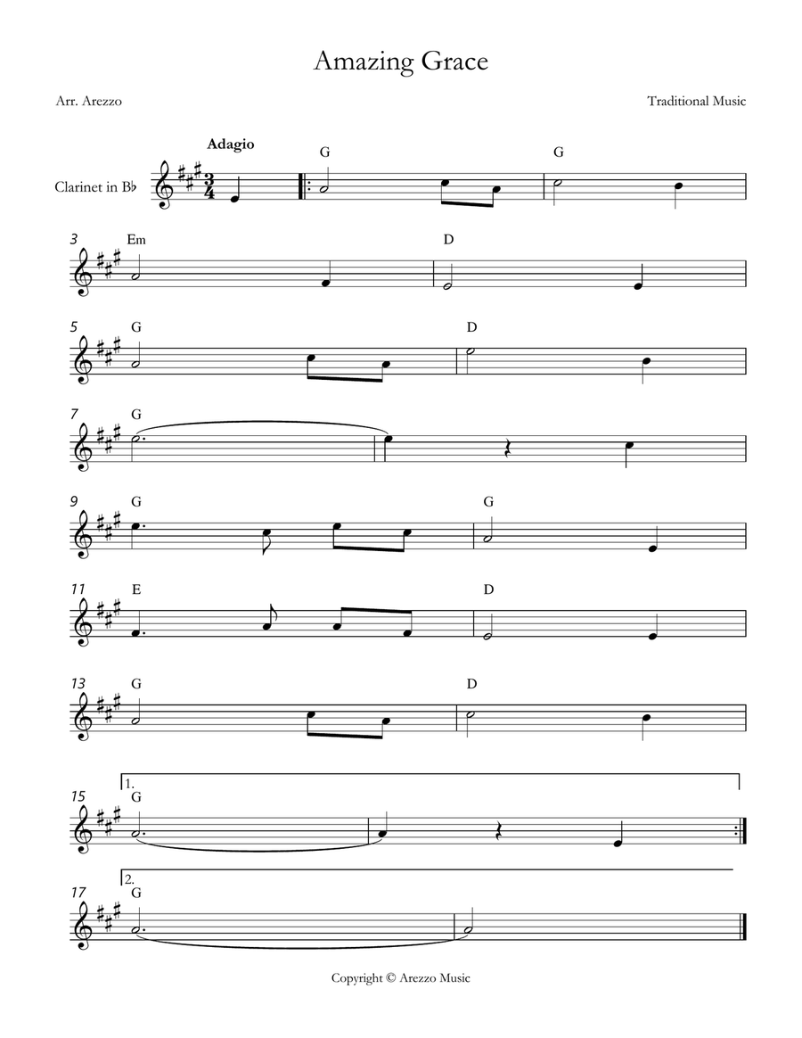 john newton amazing grace Clarinet lead sheet in G Chords Symbols B-Flat Clarinet scores gallery preview page 1