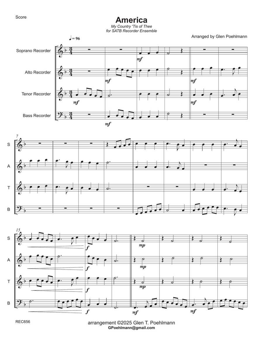 AMERICA (My Country, 'Tis of Thee) - SATB Recorder Ensemble (Grade 3+) Soprano Recorder scores gallery preview page 1
