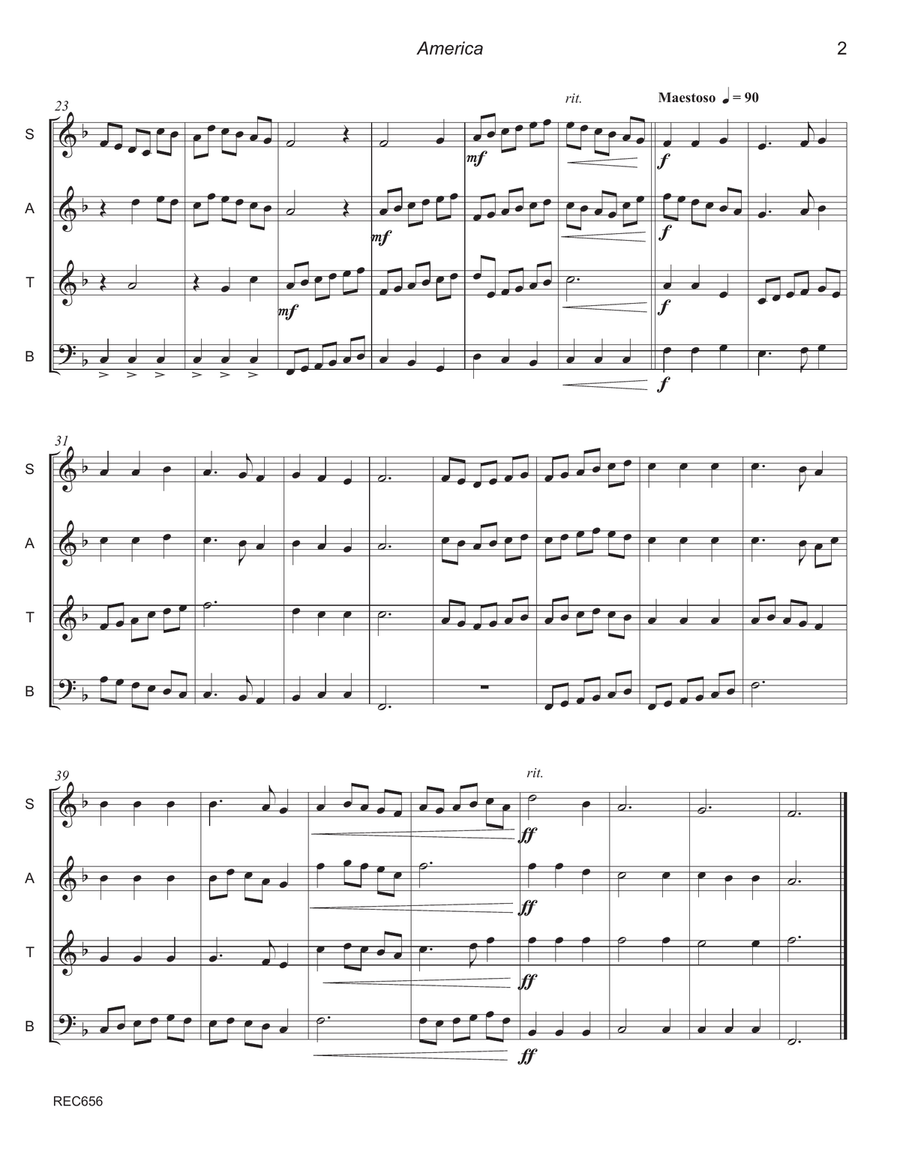 AMERICA (My Country, 'Tis of Thee) - SATB Recorder Ensemble (Grade 3+) Soprano Recorder scores gallery preview page 2
