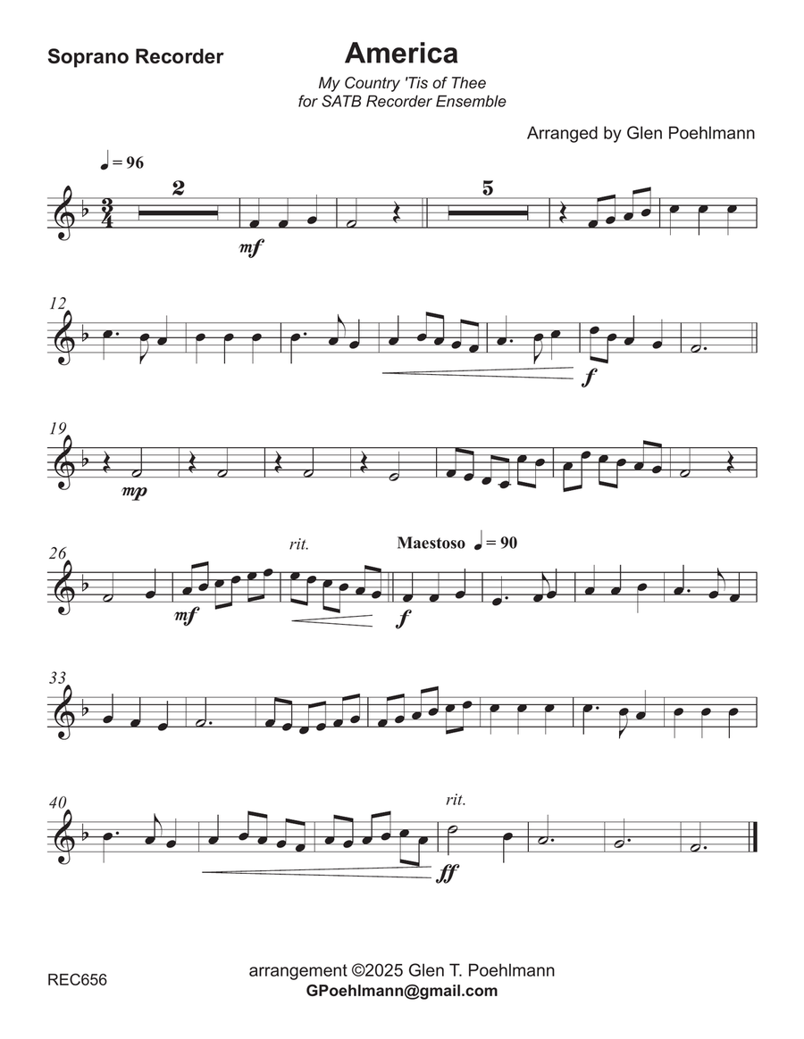 AMERICA (My Country, 'Tis of Thee) - SATB Recorder Ensemble (Grade 3+) Soprano Recorder scores gallery preview page 3