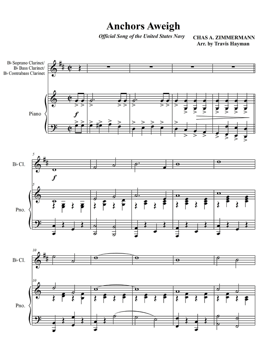 Anchors Aweigh - for Bb Soprano/Bb Bass/ Bb Contrabass Clarinet with Piano Accompaniment B-Flat Clarinet scores gallery preview page 3