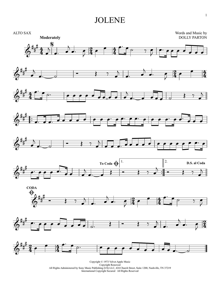 Jolene Jolene Alto Saxophone scores gallery preview page 1