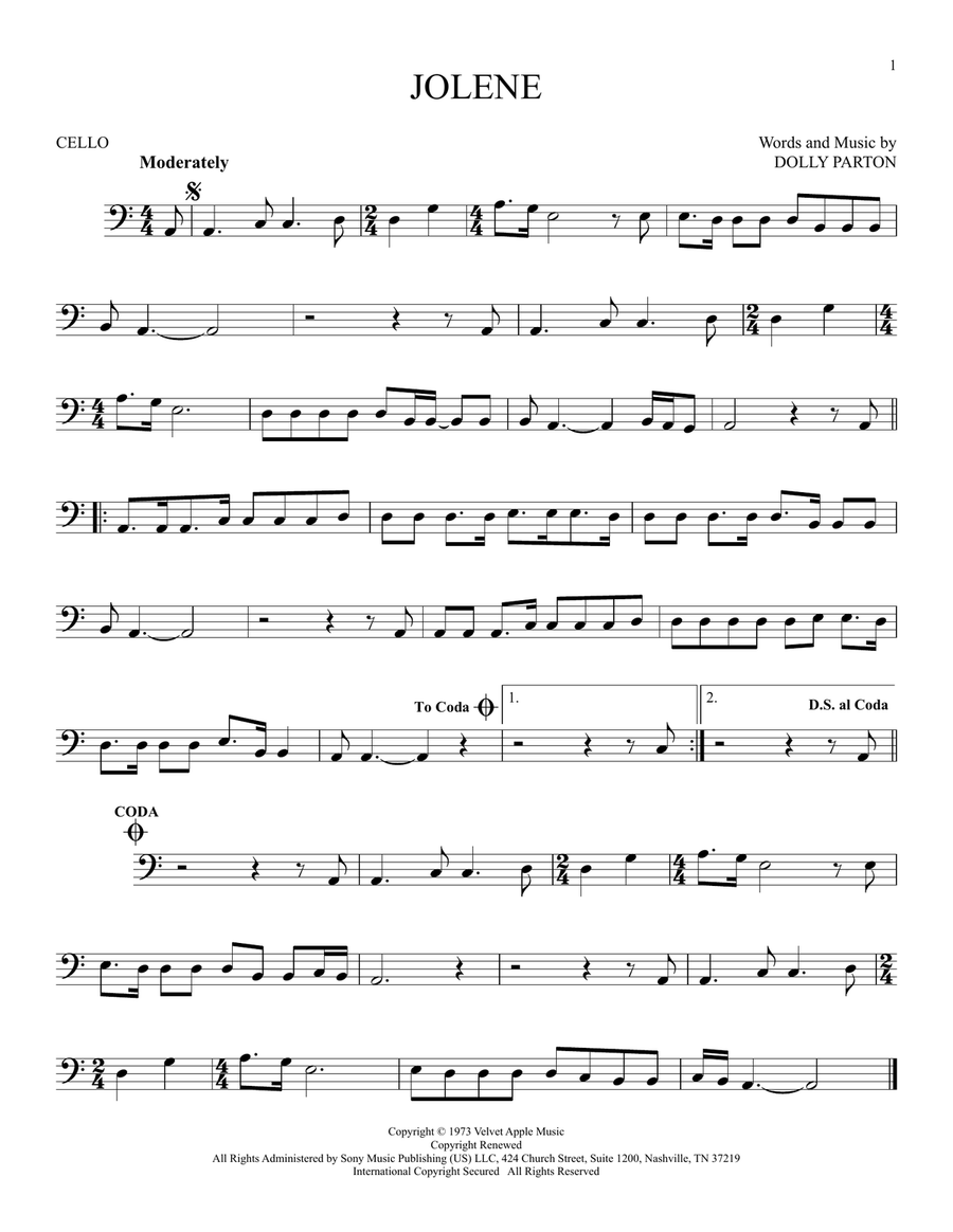 Jolene Jolene Cello Solo scores gallery preview page 1