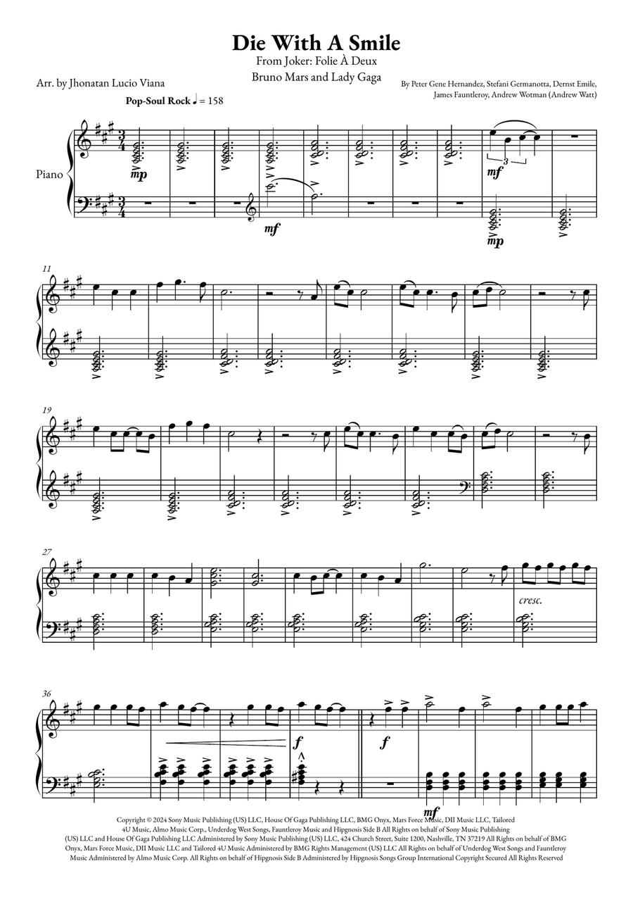 Die With A Smile Die With A Smile Piano Solo scores gallery preview page 1