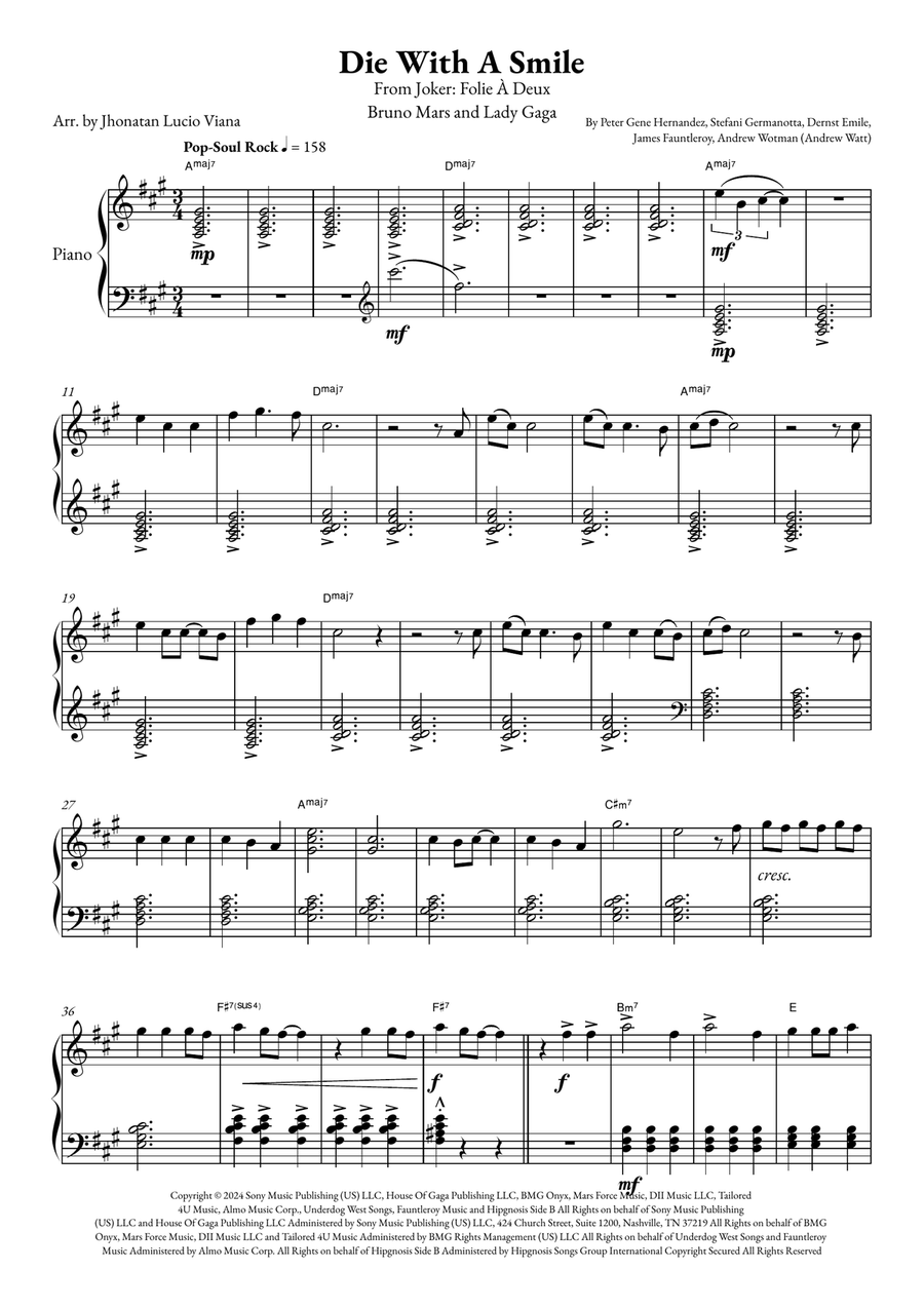 Die With A Smile Die With A Smile Piano Solo scores gallery preview page 1