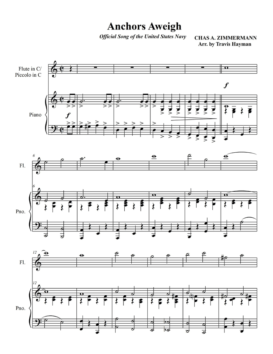 Anchors Aweigh - for Flute in C/Piccolo in C with Piano Accompaniment Flute scores gallery preview page 3