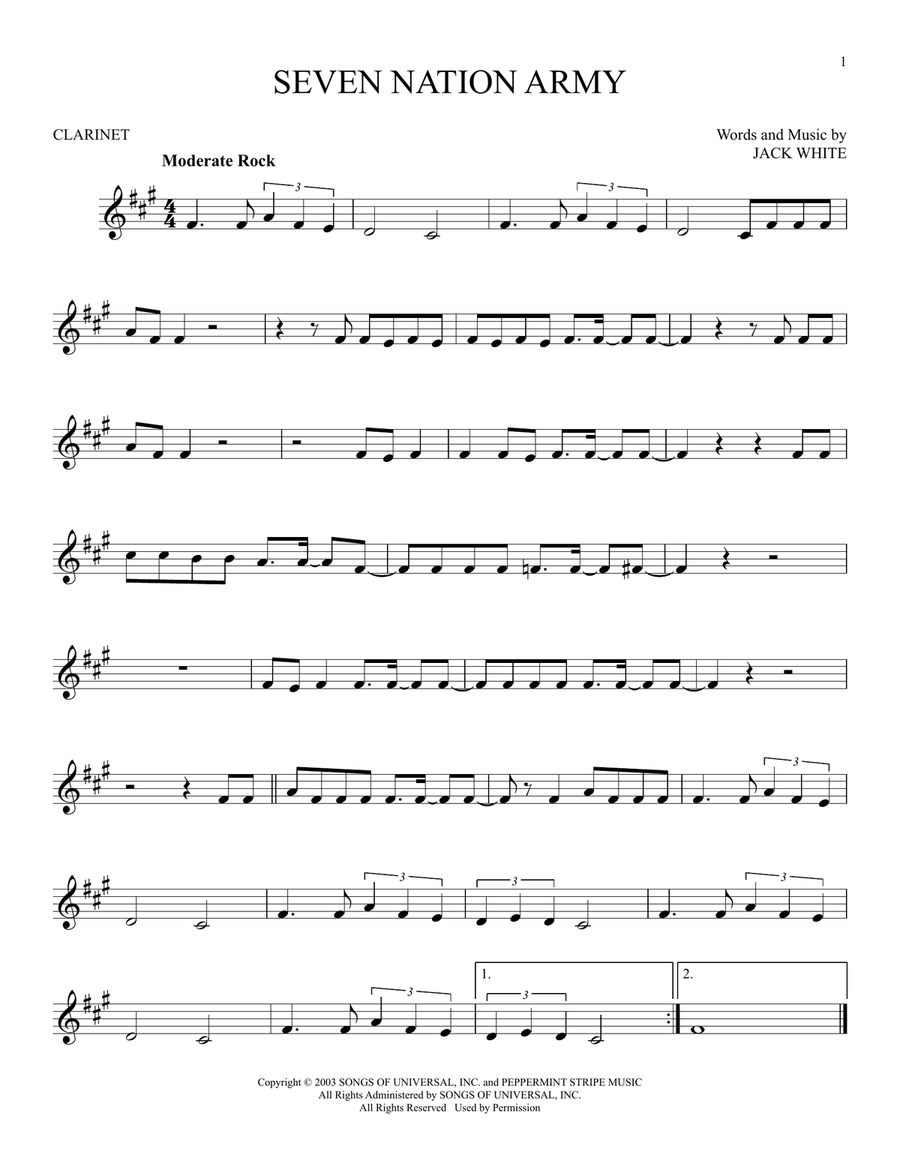 Seven Nation Army Seven Nation Army Clarinet Solo scores gallery preview page 1