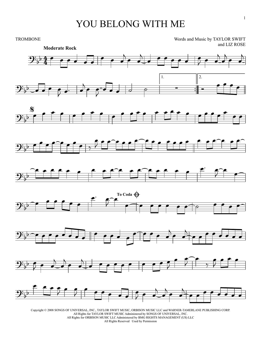 You Belong With Me (Taylor's Version) Trombone Solo scores gallery preview page 1