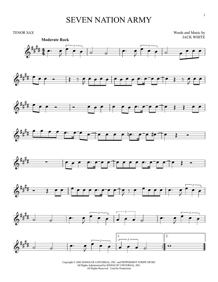 Seven Nation Army Seven Nation Army Tenor Saxophone scores gallery preview page 1