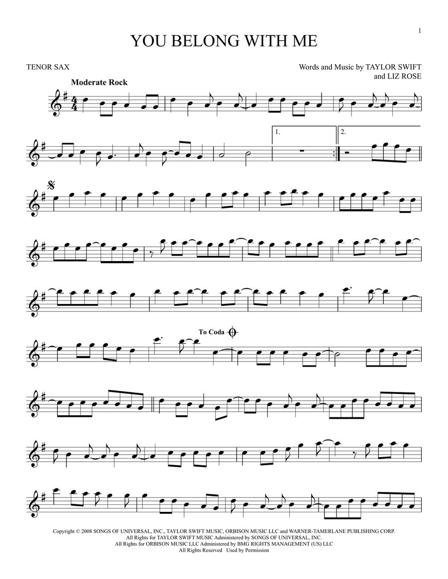 You Belong With Me (Taylor's Version) Tenor Saxophone scores gallery preview page 1