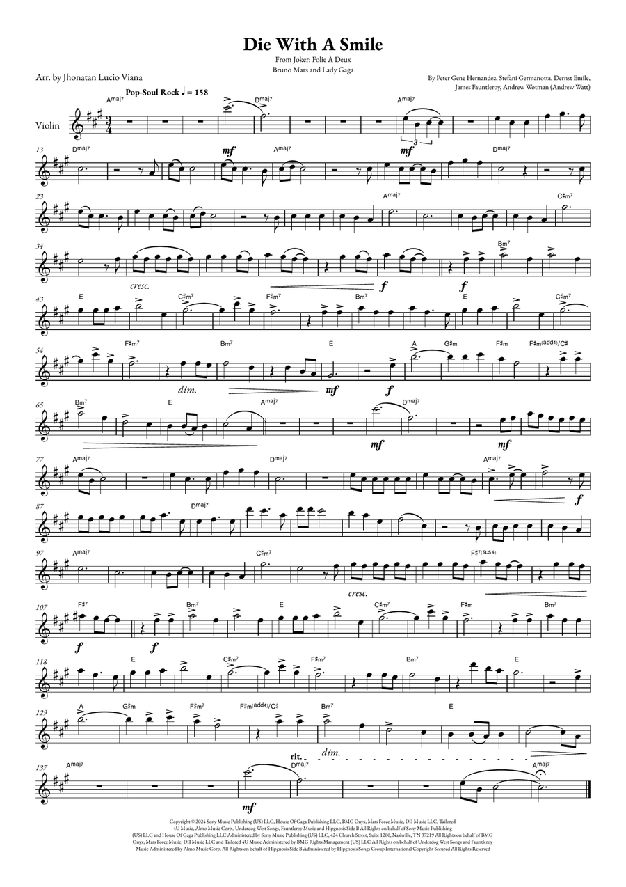 Die With A Smile Die With A Smile Violin Solo scores gallery preview page 1