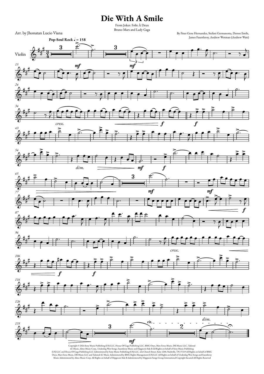Die With A Smile Die With A Smile Violin Solo scores gallery preview page 1