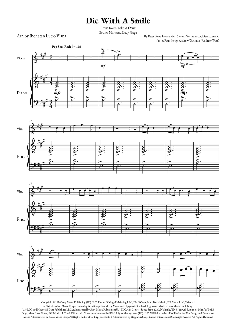 Die With A Smile Die With A Smile Violin Solo scores gallery preview page 1