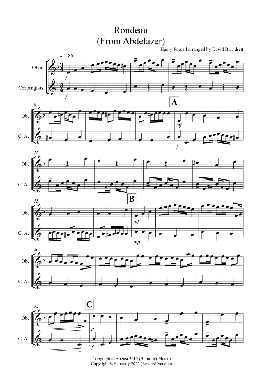 Rondeau (from Abdelazer) for Oboe and Cor Anglais Duet Woodwind Duet scores gallery preview page 1