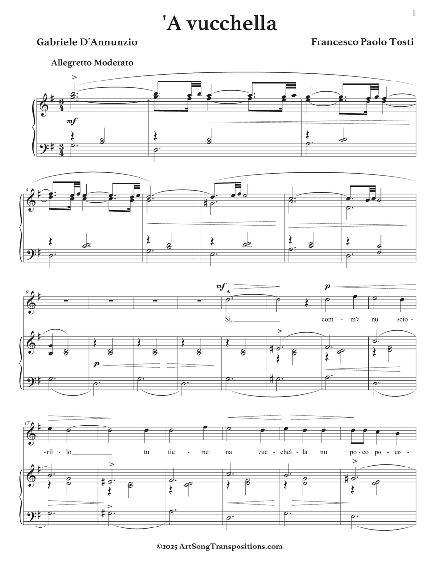 TOSTI: 'A vucchella (transposed to G major) Piano, Vocal scores gallery preview page 2