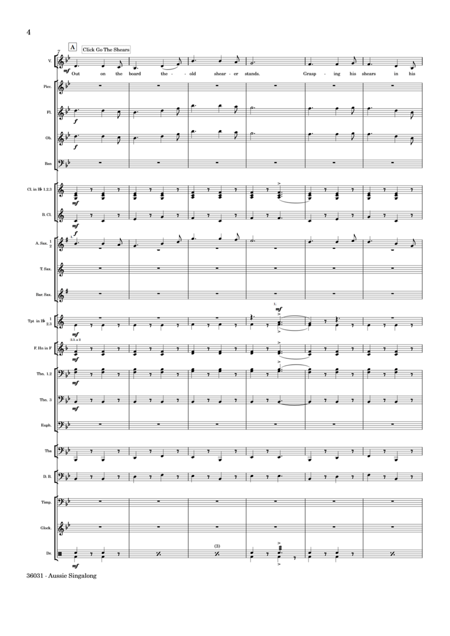 Medley: (Give Me A) Home Among The Gum Trees with Brown Slouch Hat and Waltzing Matilda Concert Band scores gallery preview page 4