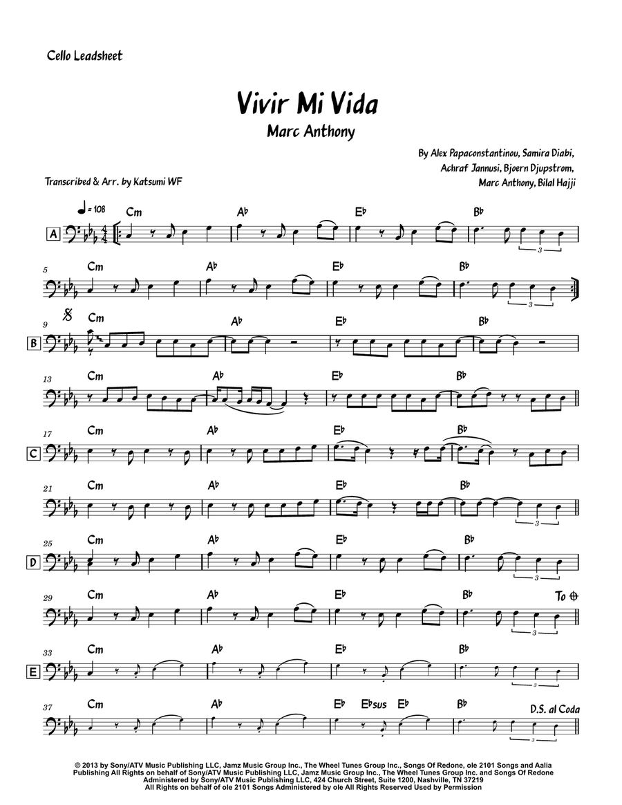 Vivir Mi Vida Vivir Mi Vida Cello Solo scores gallery preview page 1