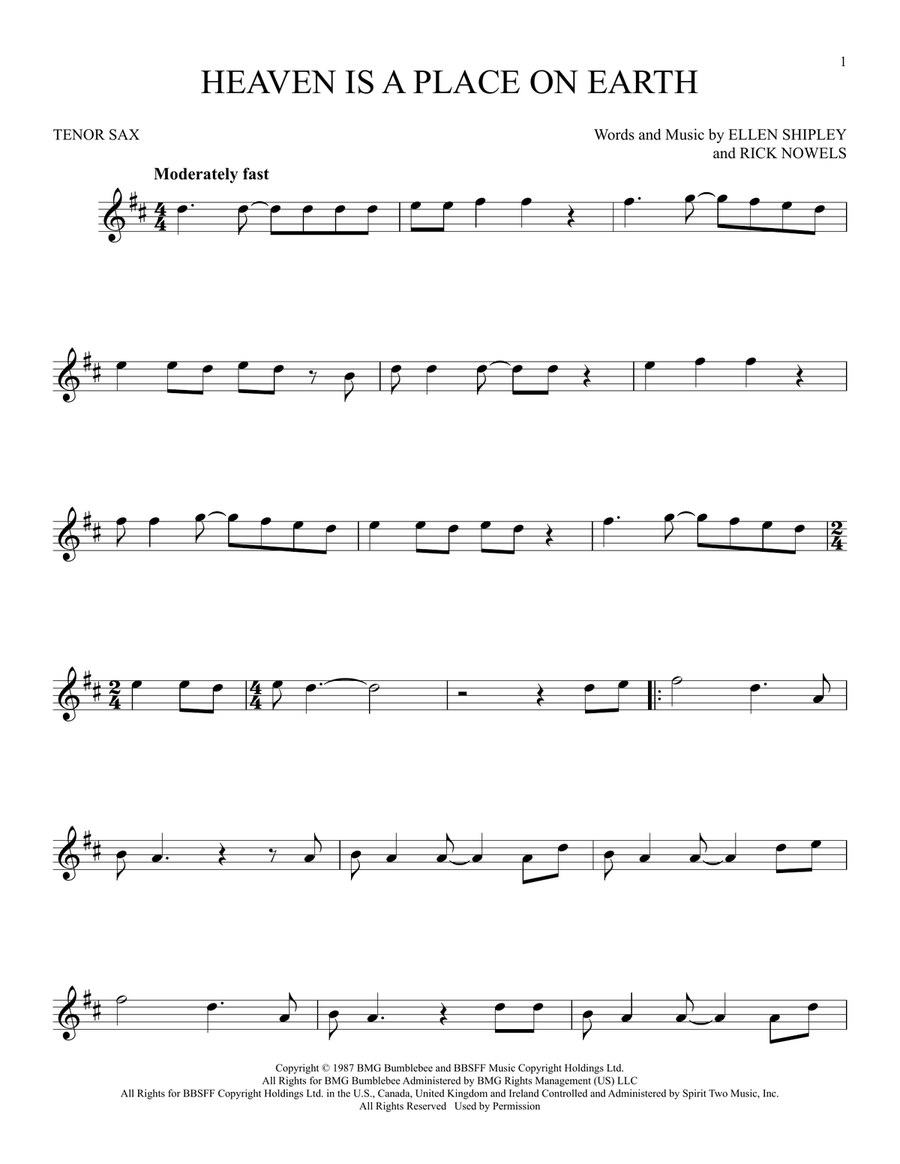 Heaven Is A Place On Earth Tenor Saxophone scores gallery preview page 1