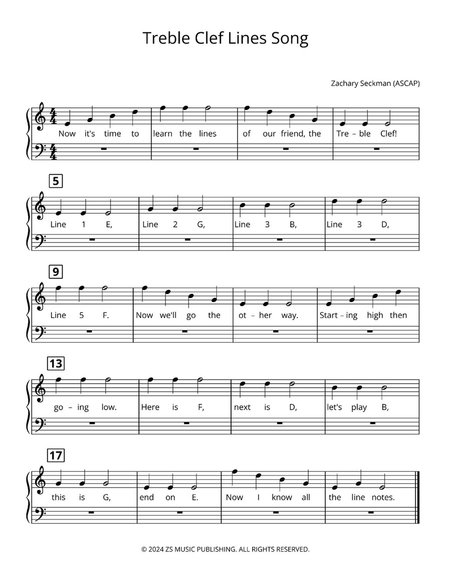 Treble And Bass Clef Line and Space Songs with Worksheets Piano, Vocal scores gallery preview page 3
