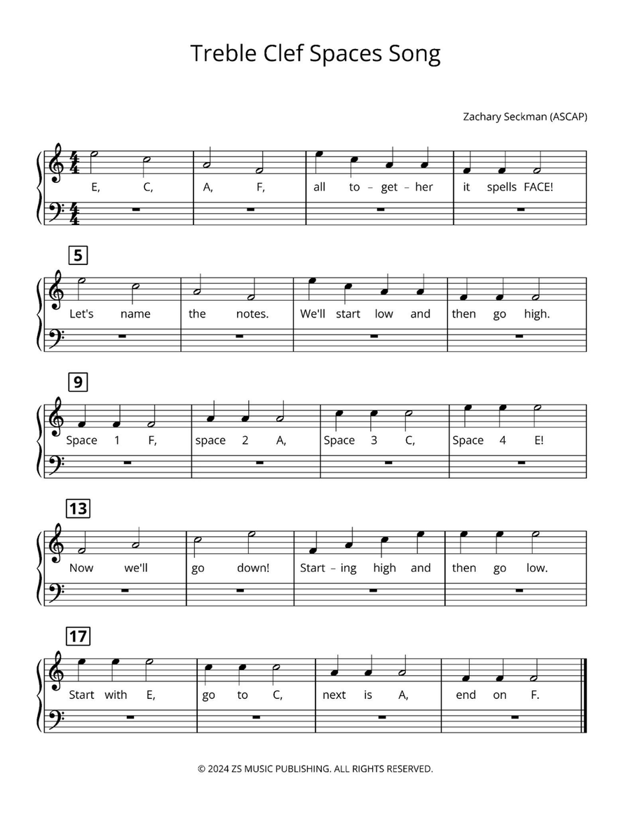 Treble And Bass Clef Line and Space Songs with Worksheets Piano, Vocal scores gallery preview page 5