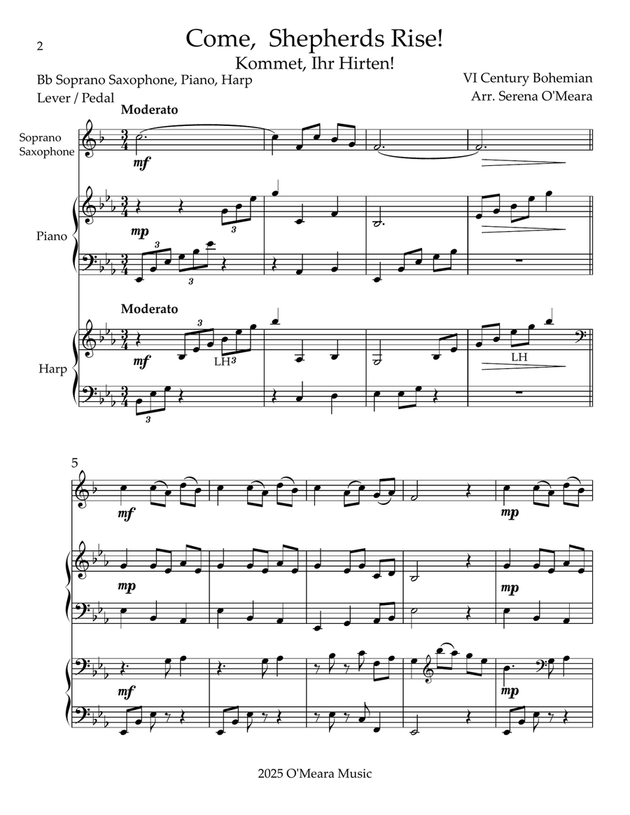 Come, Shepherds Rise! Trio for Bb Soprano Saxophone, Piano & Harp Small Ensemble scores gallery preview page 2