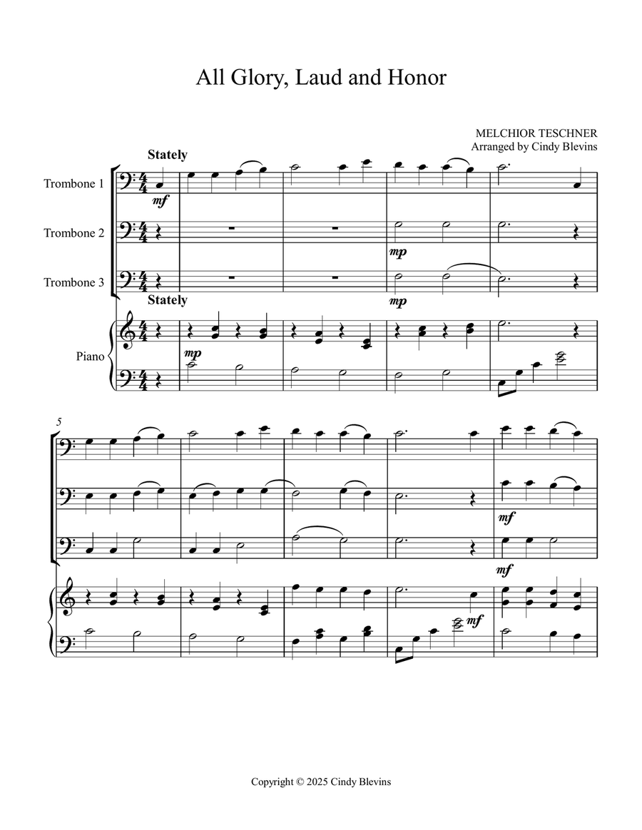 All Glory, Laud and Honor, for Three Trombones and Piano Trombone Trio scores gallery preview page 2