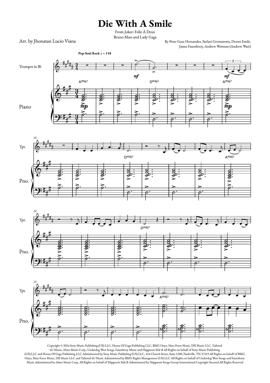 Die With A Smile B-Flat Trumpet scores gallery preview page 1