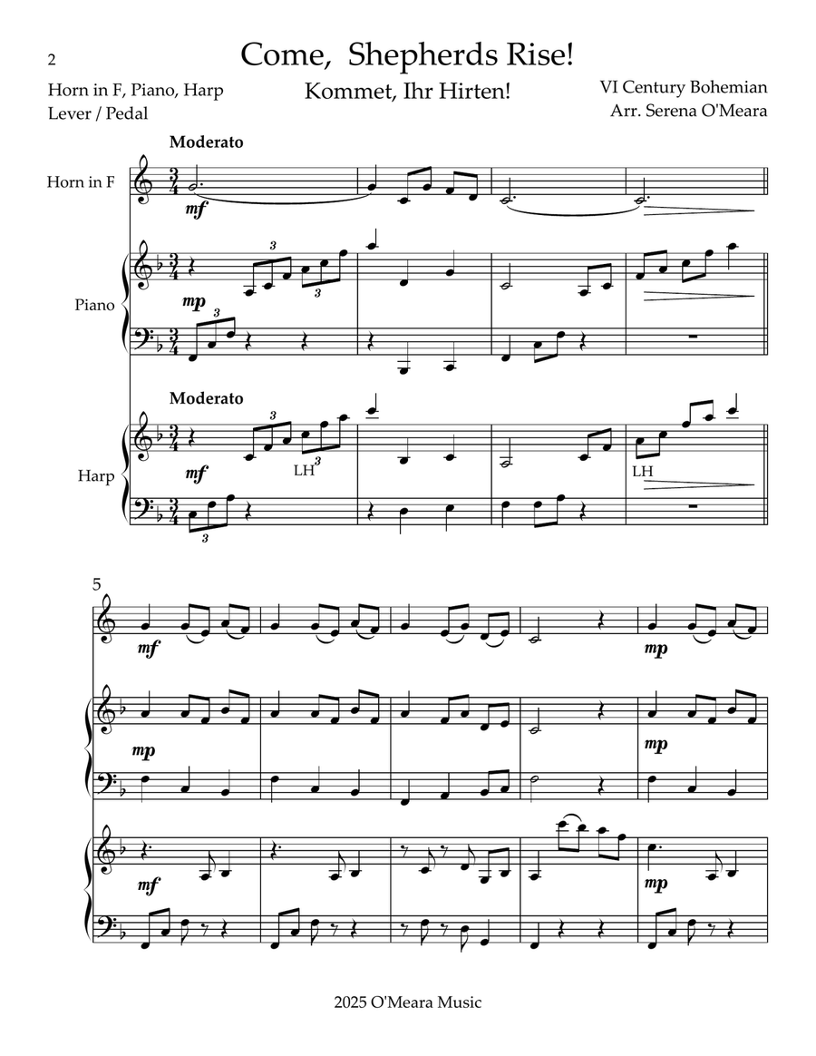 Come, Shepherds Rise! Trio for Horn in F, Piano & Harp Small Ensemble scores gallery preview page 2