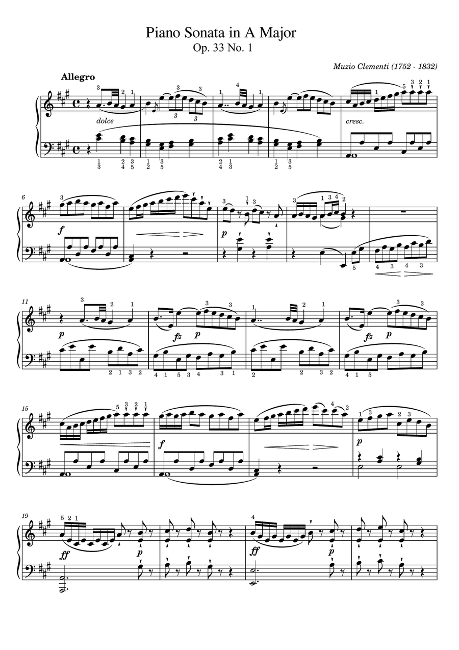 Clementi - Piano Sonata in A, Op.33 No.1 - Original With Fingering For Piano Solo Complete‌ Piano Solo scores gallery preview page 1