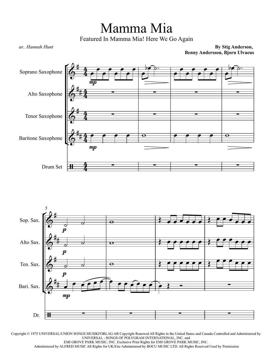 Mamma Mia Mamma Mia Saxophone Quartet scores gallery preview page 1