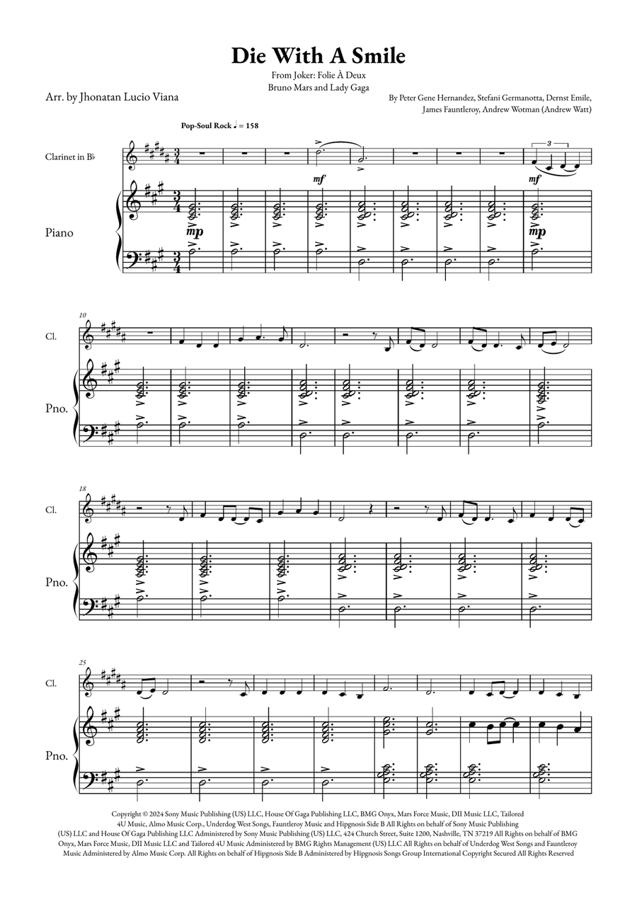 Die With A Smile B-Flat Clarinet scores gallery preview page 1