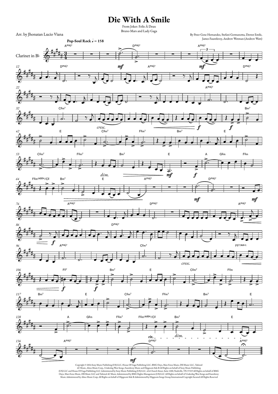 Die With A Smile B-Flat Clarinet scores gallery preview page 1