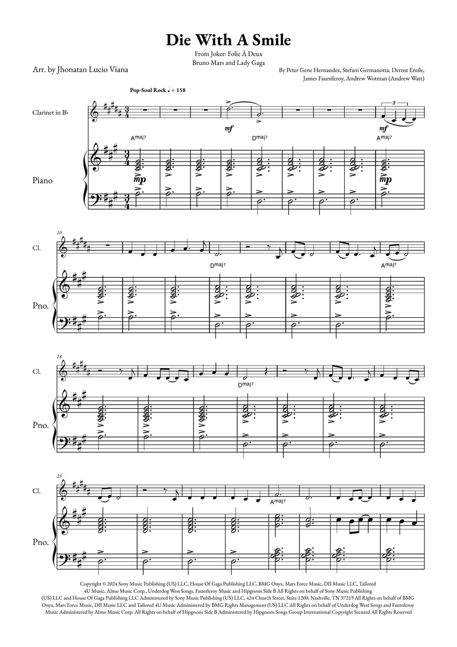 Die With A Smile B-Flat Clarinet scores gallery preview page 1
