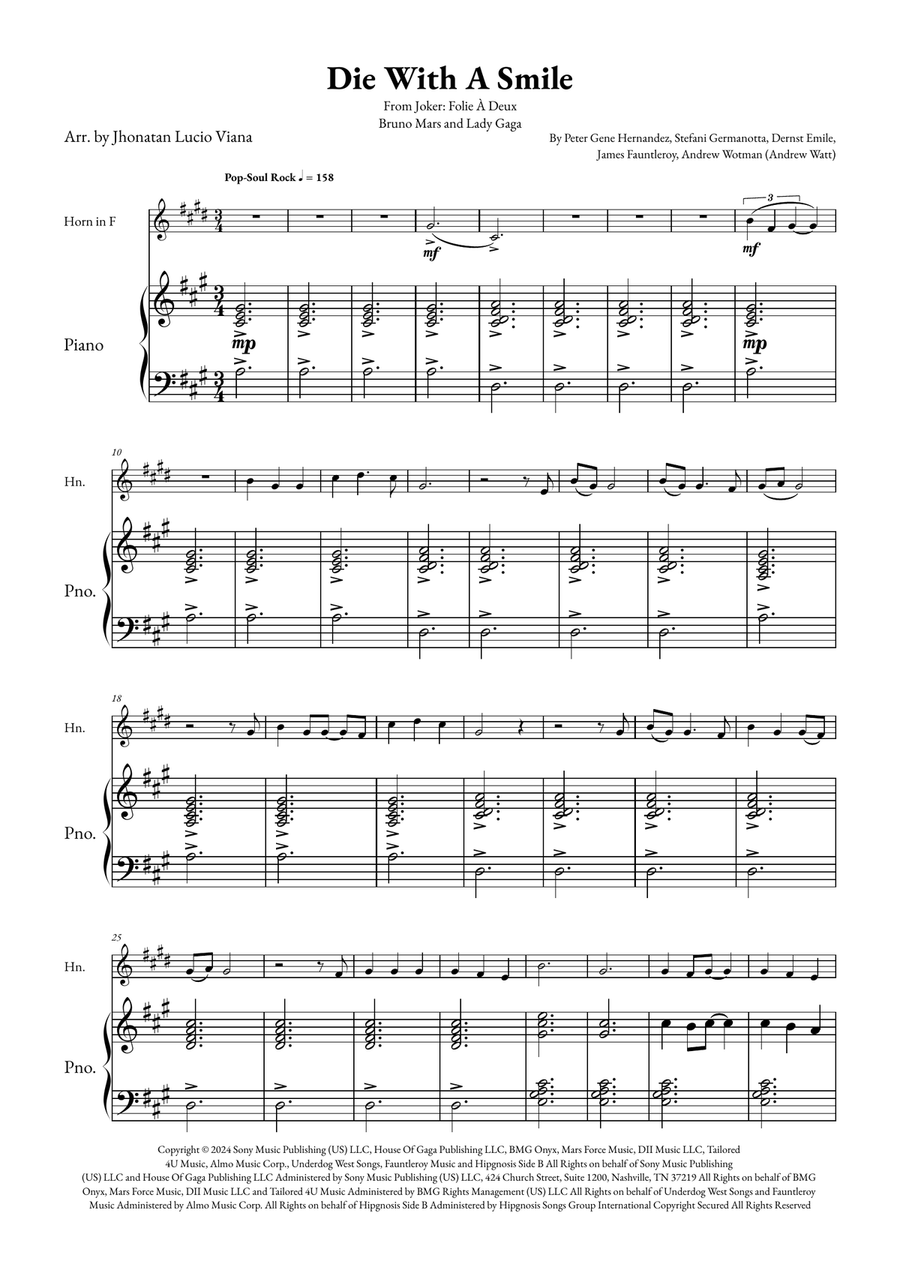 Die With A Smile Piano scores gallery preview page 1