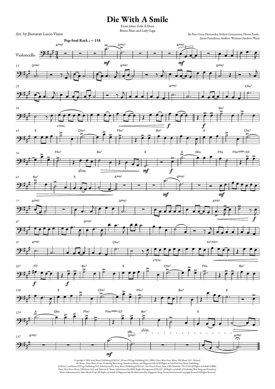 Die With A Smile Cello Solo scores gallery preview page 1