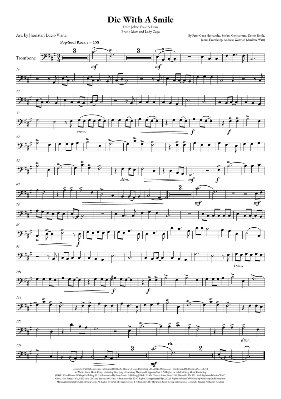 Die With A Smile Trombone Solo scores gallery preview page 1