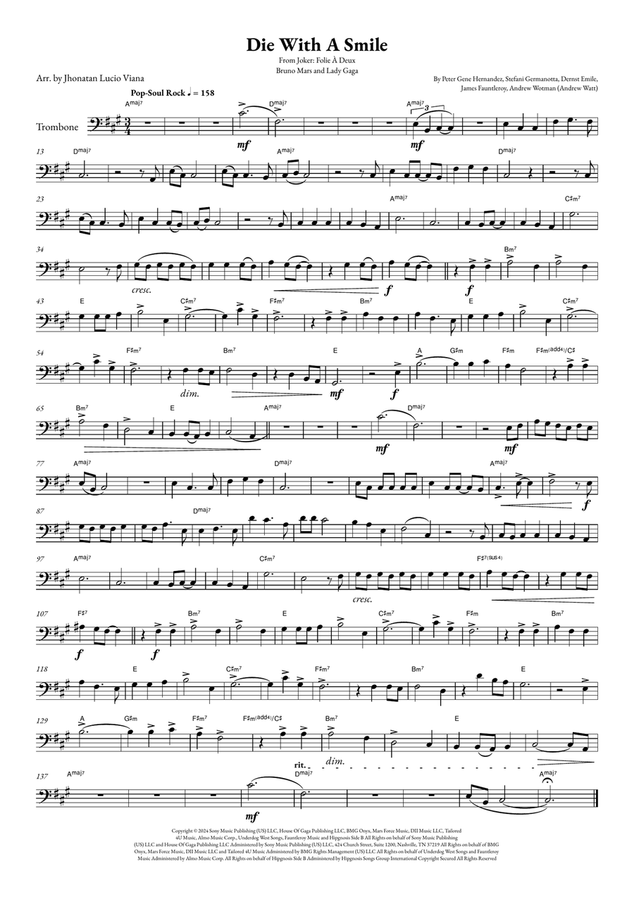 Die With A Smile Trombone Solo scores gallery preview page 1