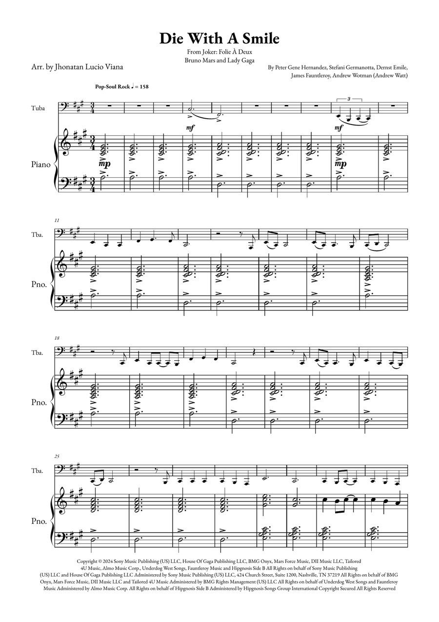 Die With A Smile Tuba scores gallery preview page 1