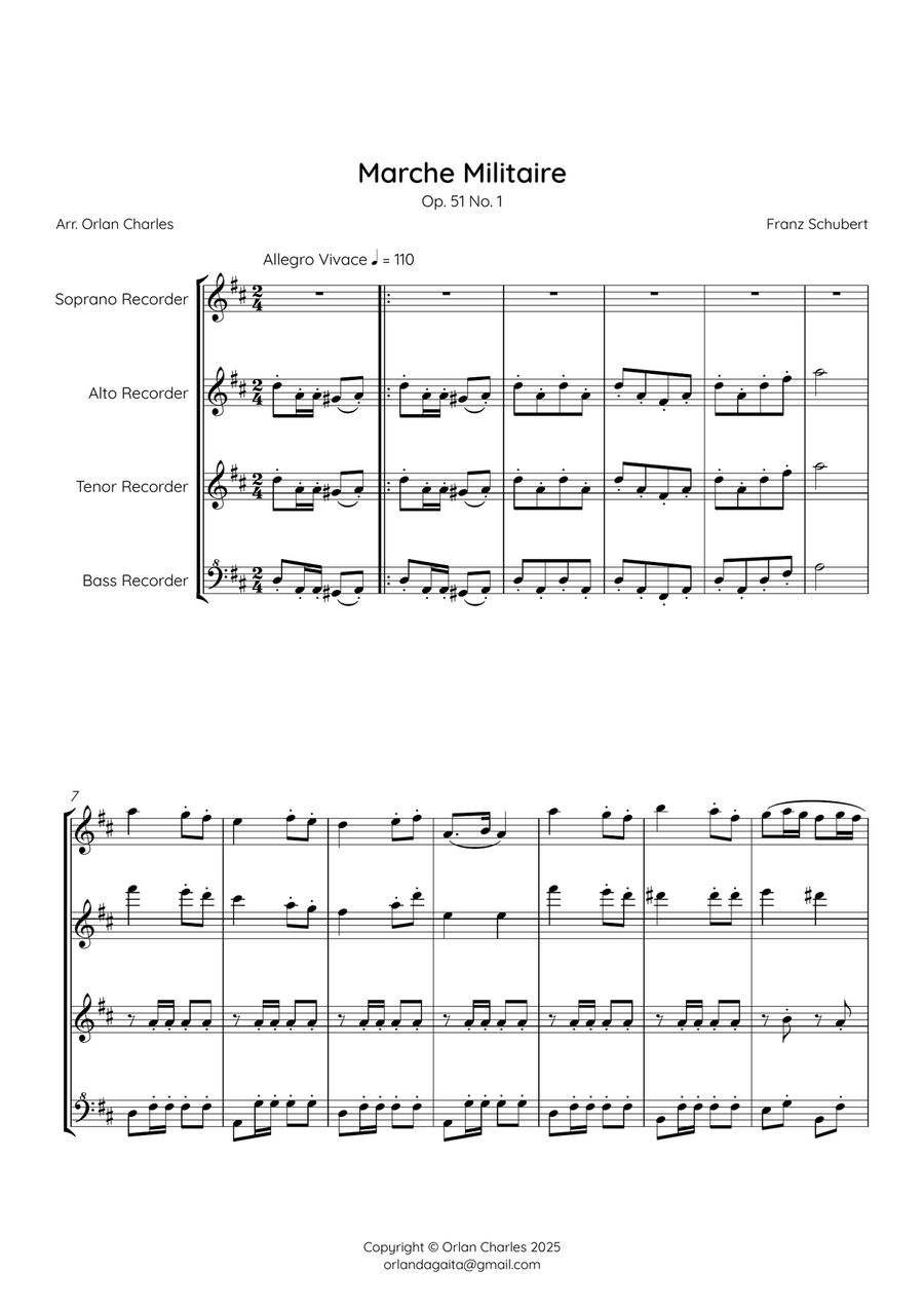 Franz Schubert - Marche Militaire No.1 in D Major for Recorder Quartet Soprano Recorder scores gallery preview page 2