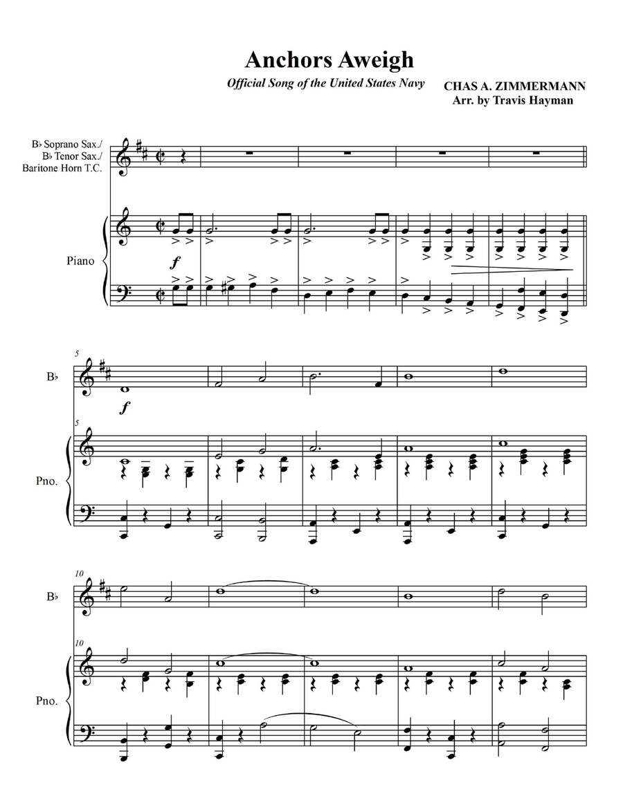 Anchors Aweigh - for Bb Soprano Sax./Bb Tenor Sax./Baritone Horn T.C. with Piano Accompaniment Tenor Saxophone scores gallery preview page 3