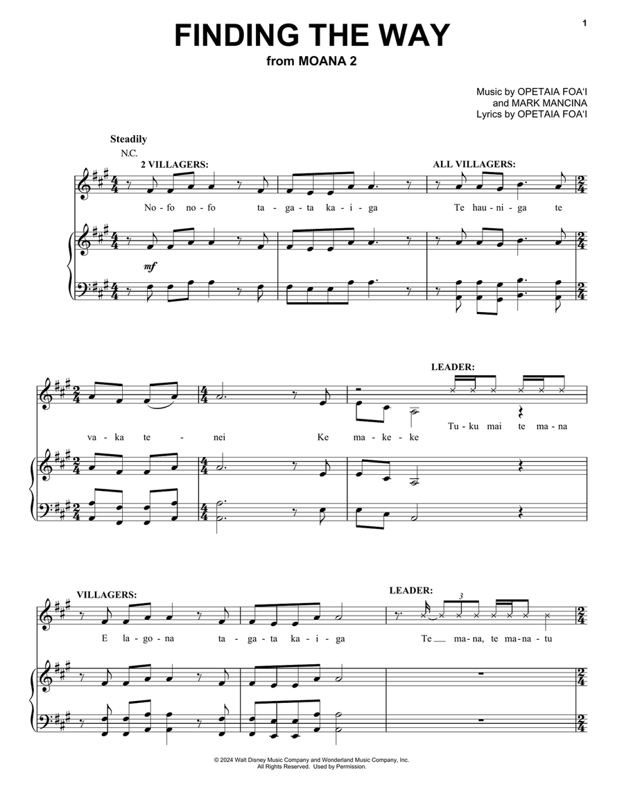 Finding The Way (from Moana 2) Piano, Vocal, Guitar scores gallery preview page 1